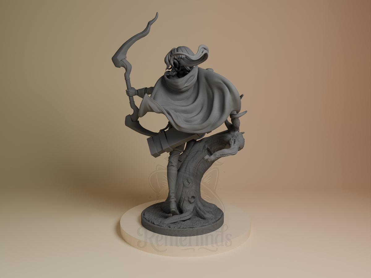 Hi-Elf Archer from Goblin Slayer is an unpainted resin figure in a left-facing pose with bow, cloak, and tree base.