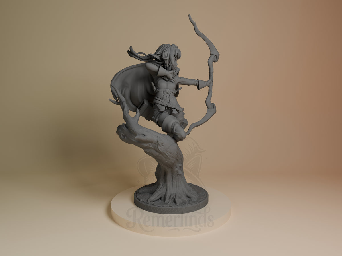 Hi-Elf Archer from Goblin Slayer is a gray, unpainted resin figure drawing a bow from a three-quarter view on a tree base.