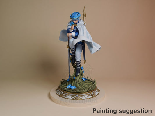 Himmel resin figure in blue and white armor with white cape, holding spear and shield, standing on grass base with blue flowers.