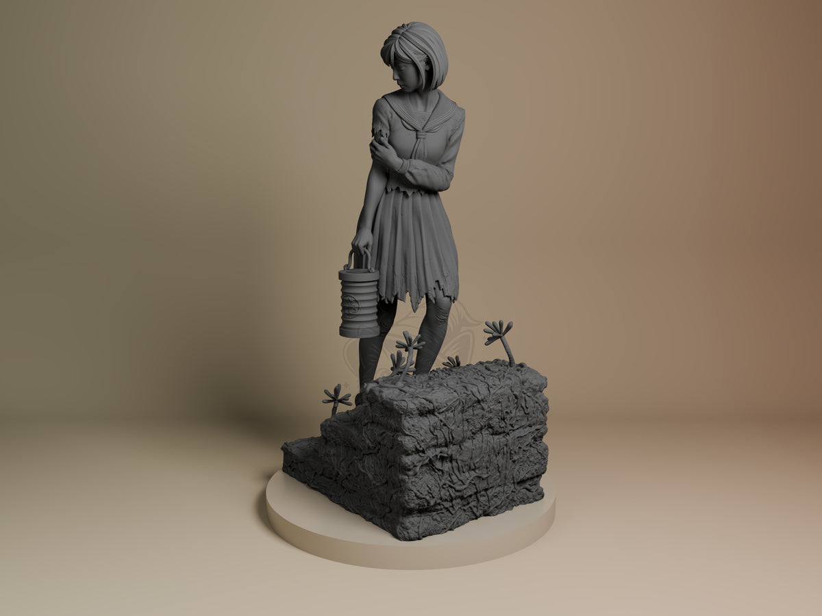Hinako resin figure from Silent Hill shown at angle, standing on textured rocky base with small flowers, holding lantern, unpainted gray finish.