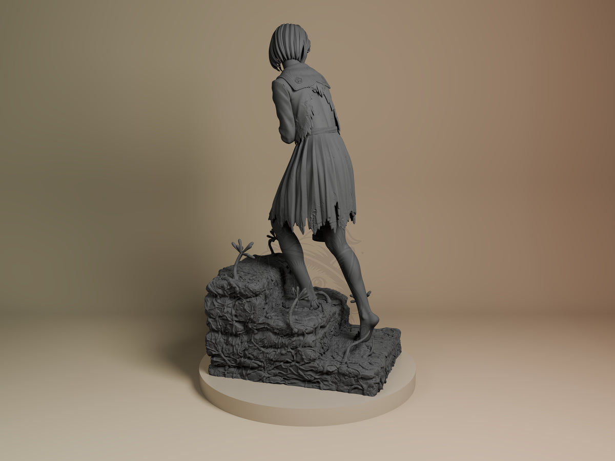 Hinako resin figure from Silent Hill shown from behind, standing on textured rocky base, wearing tattered dress with damaged jacket detail, unpainted gray finish.