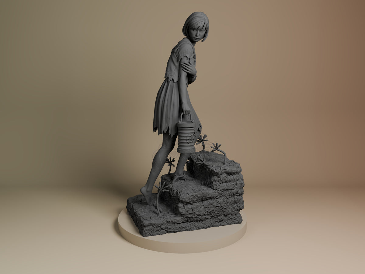 Hinako resin figure from Silent Hill, shown from front-left angle standing on textured rocky base with small plants, unpainted gray finish.