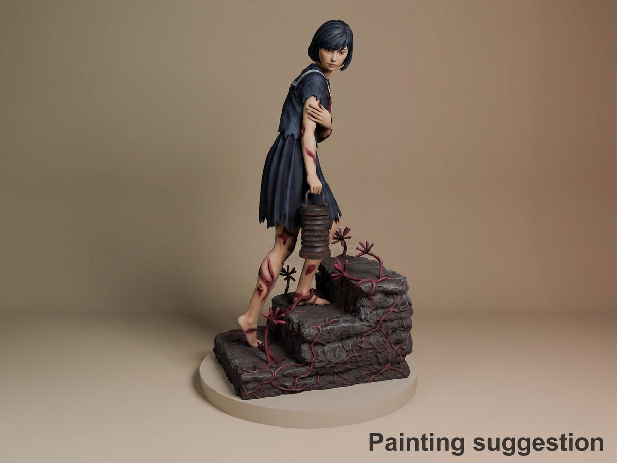 Hinako resin figure from Silent Hill standing on rocky base with vines, shown from side angle in painted colors, wearing dark dress with leg markings.