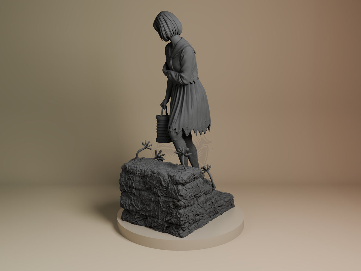 Hinako resin figure from Silent Hill shown from left side, standing on rocky base holding lantern, unpainted gray finish, jagged skirt detail visible.
