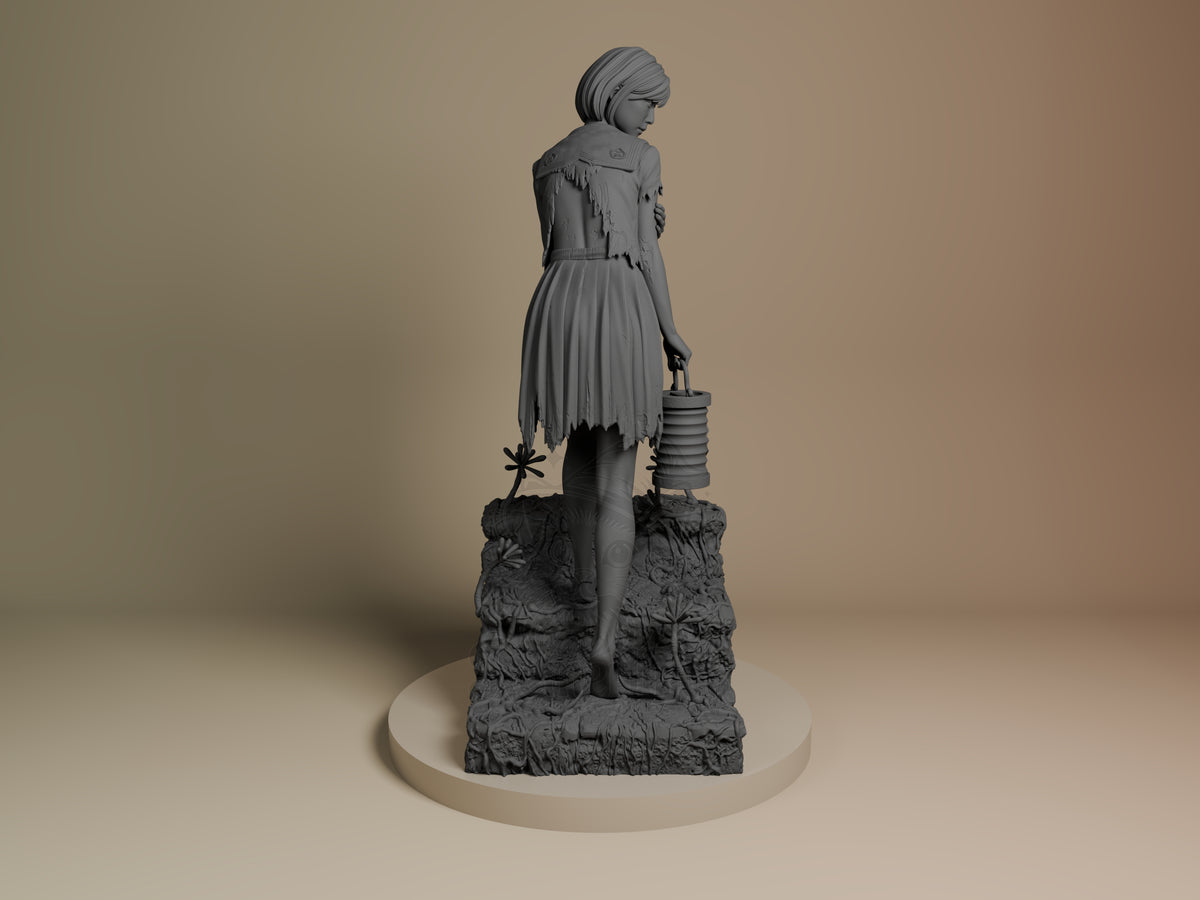Hinako resin figure from Silent Hill shown from the back, standing on textured base, holding lantern, wearing tattered dress, unpainted gray finish.