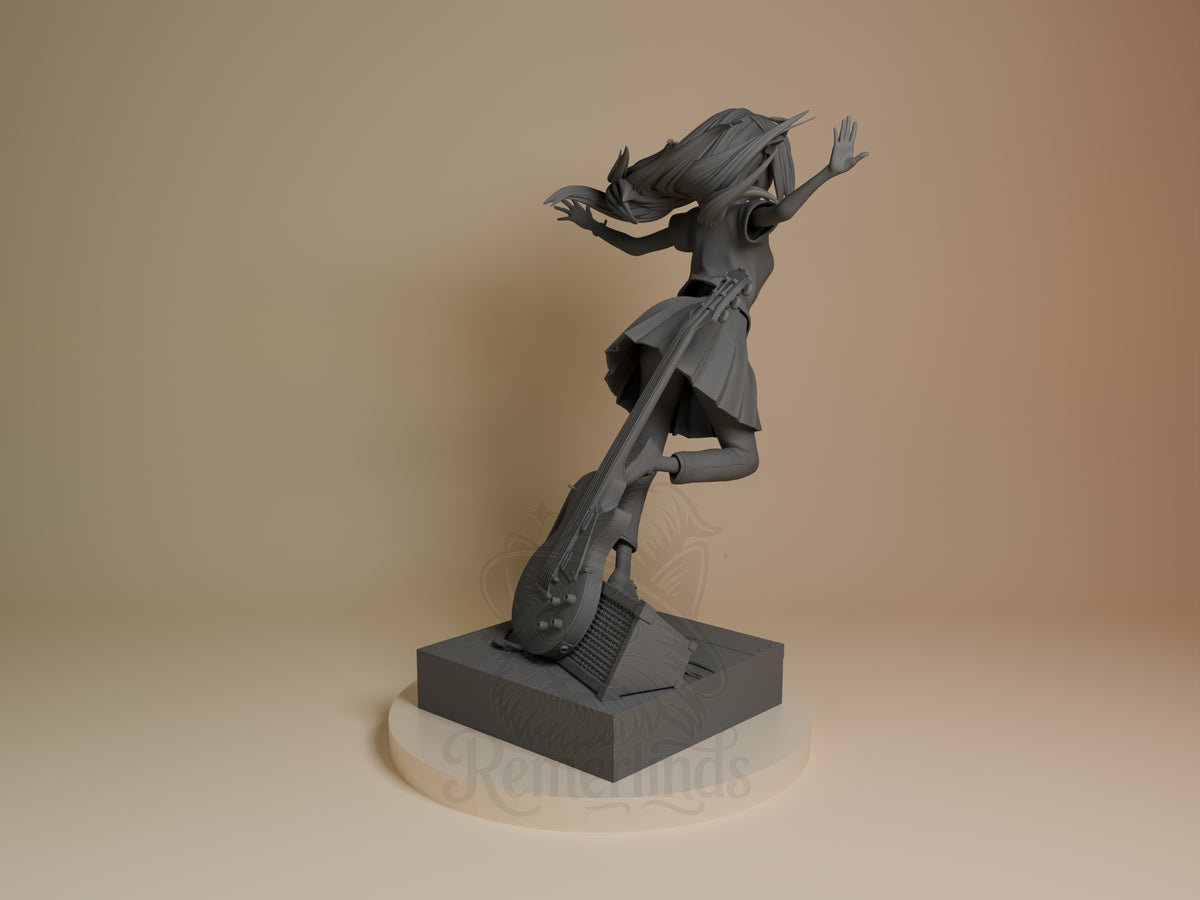 Unpainted back view of Hitori Gotoh resin figure from Bocchi the Rock with guitar and base.