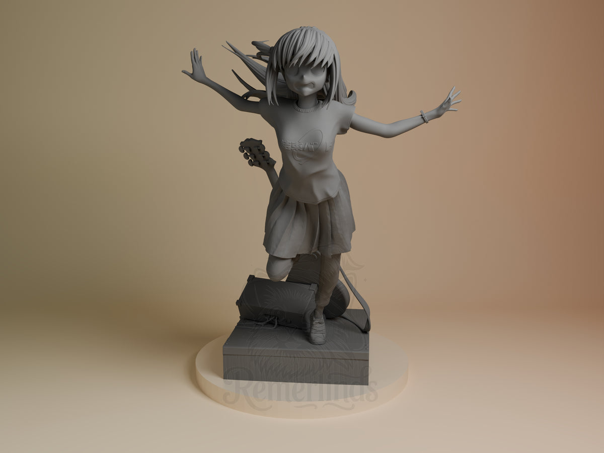 Front view of Hitori Gotoh from Bocchi the Rock, an unpainted resin figure kneeling with guitar on a base.