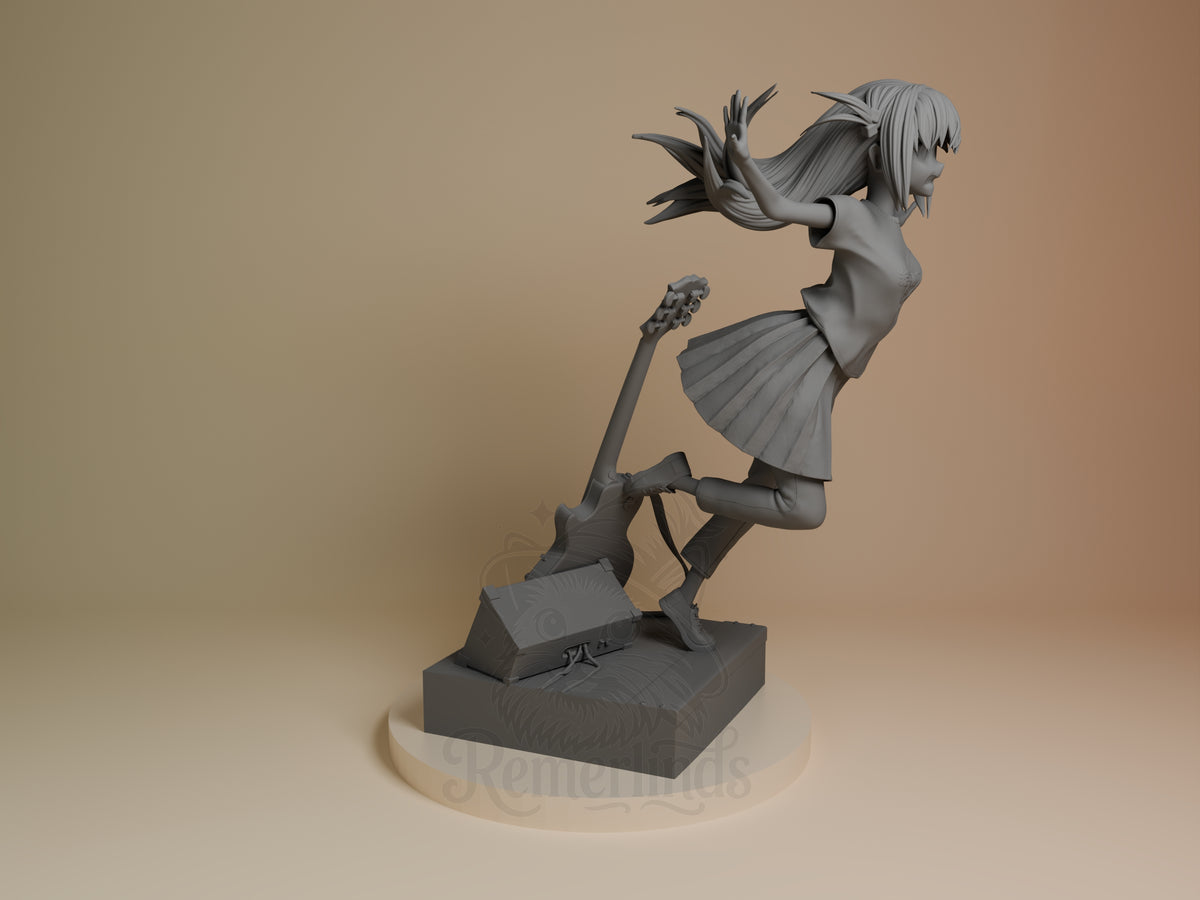 Right-side view shows Hitori Gotoh from Bocchi the Rock as an unpainted resin figure, kneeling with guitar on a sculpted set.