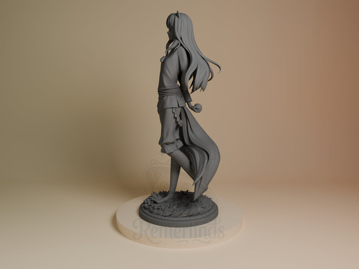 Holo from Spice and Wolf appears side-on as an unpainted resin figure on a sculpted base.