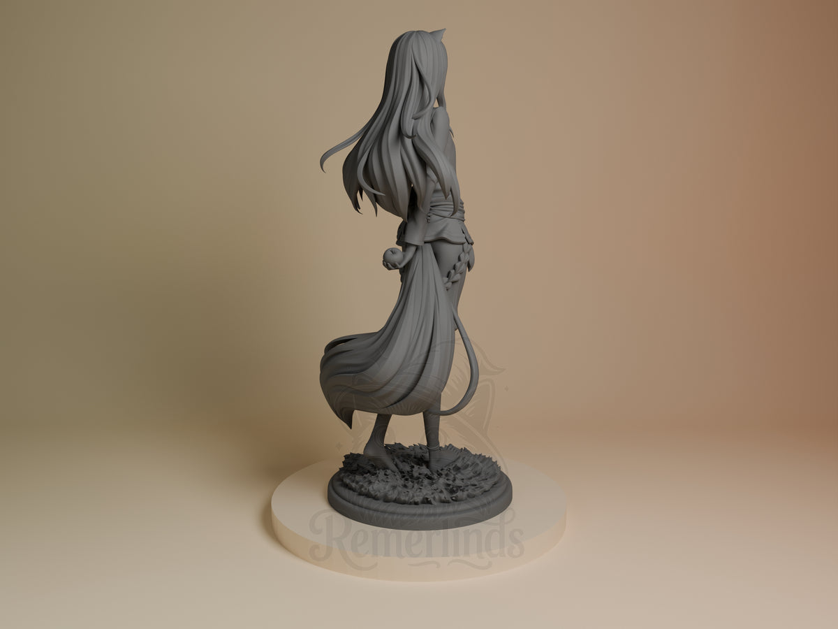 Back view shows Holo from Spice and Wolf as an unpainted resin figure on a textured round base.