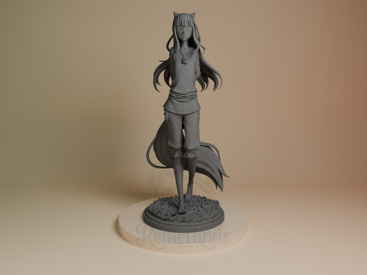 Unpainted Holo, Spice and Wolf resin figure, stands front-facing on a sculpted base.