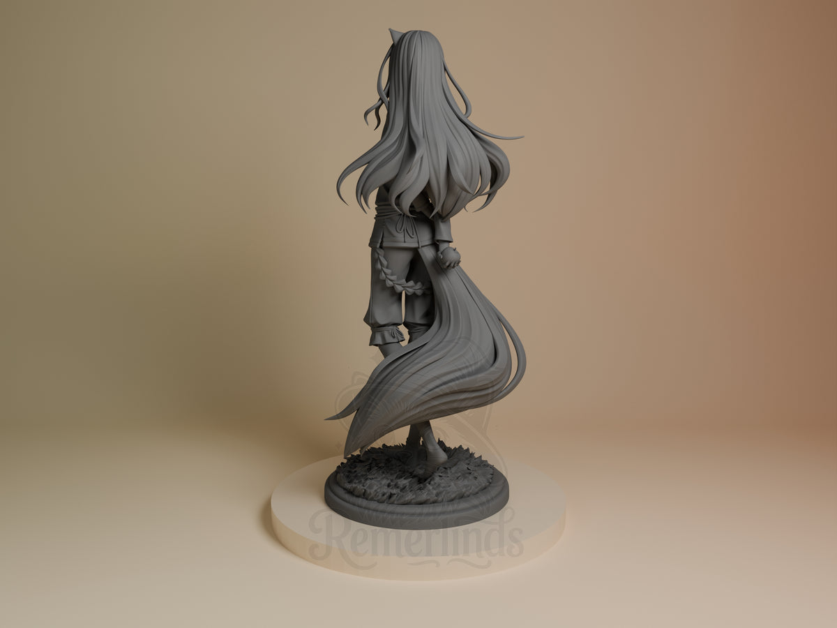 Rear-view Holo from Spice and Wolf is an unpainted resin figure with long hair, wolf ears, clothing, and a tail on a rocky,Â?