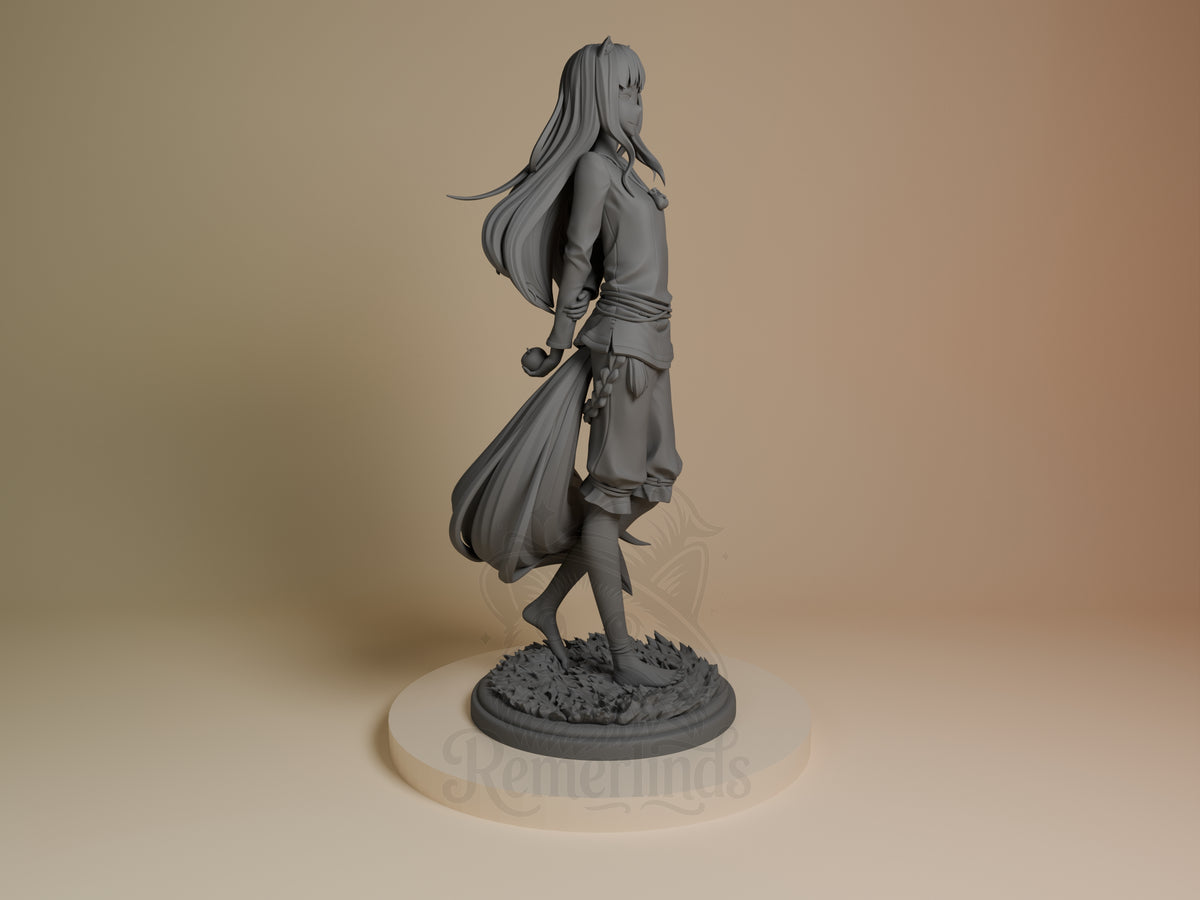 Holo from Spice and Wolf is a side-facing, unpainted resin figure with tail and textured base.