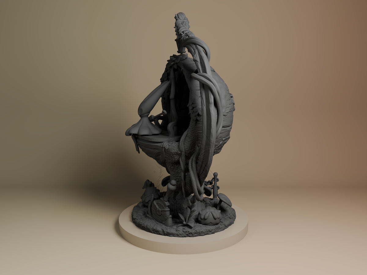 Angled view of unpainted Hornet from Hollow Knight resin figure seated on a sculpted base.