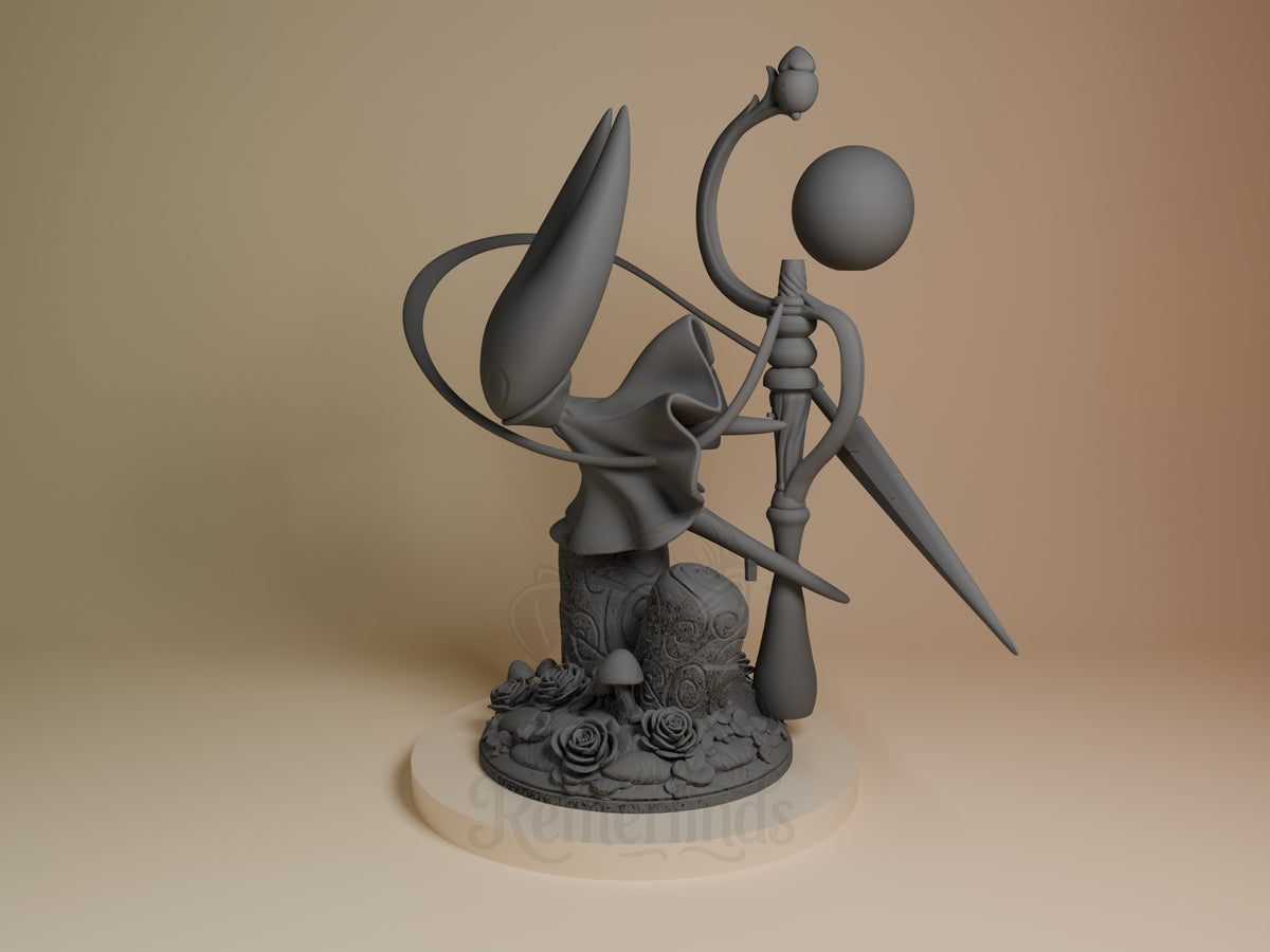 Hornet resin figure from Hollow Knight shown at an angle, unpainted gray, dynamic pose with needle and charm held aloft, decorated base with flowers and mushrooms.