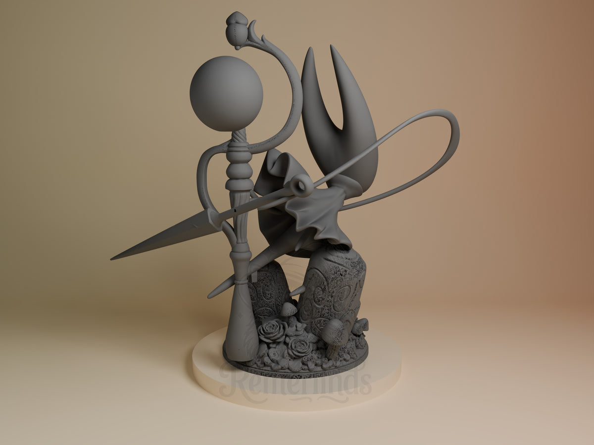 Hornet resin figure from Hollow Knight shown from back angle, holding needle and thread, unpainted gray finish, decorative base with floral details.