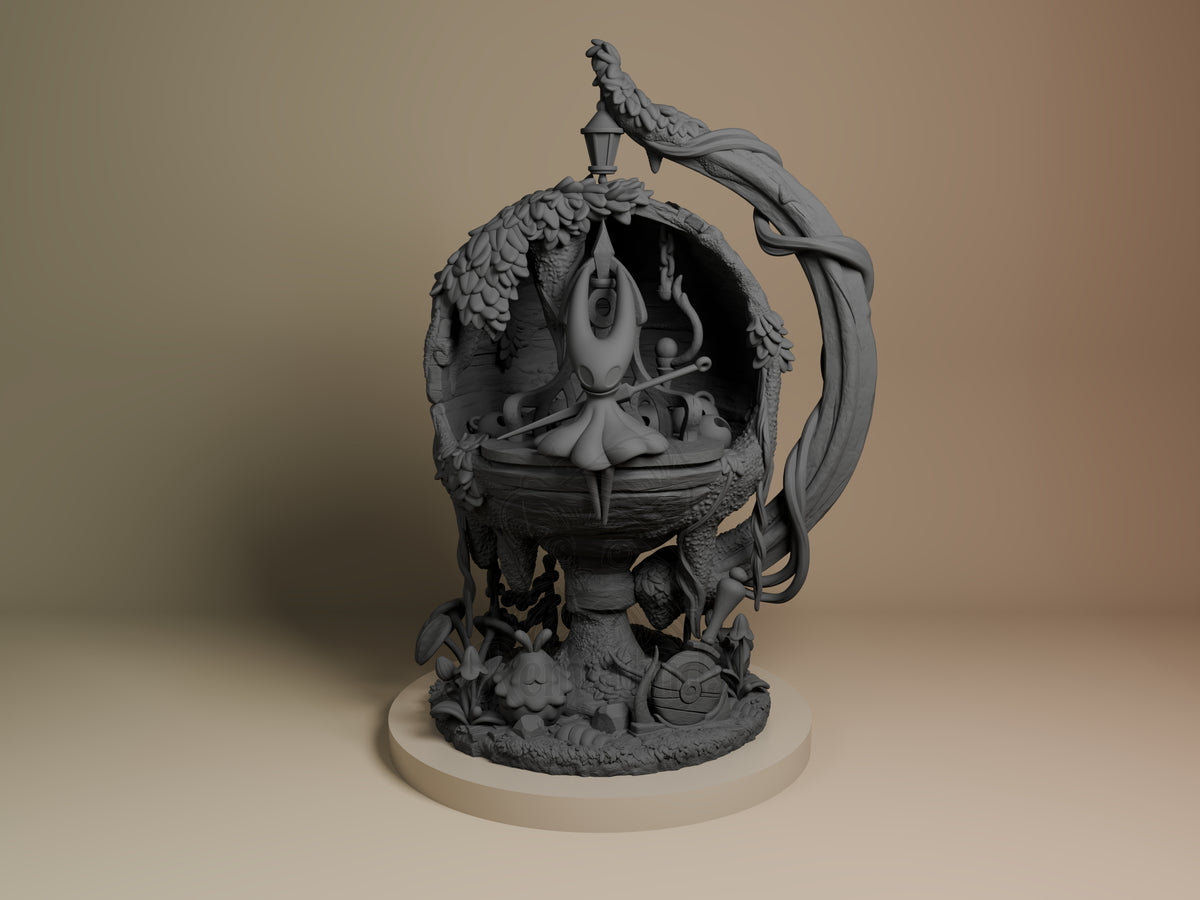 Front view of Hornet from Hollow Knight, an unpainted resin figure with needle and hut base.