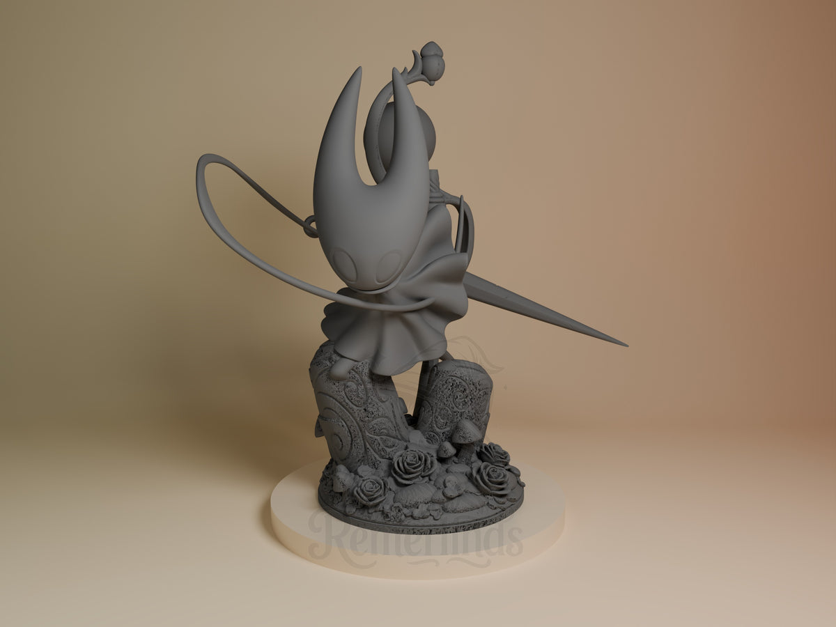Hornet resin figure from Hollow Knight shown from front angle, unpainted gray, posed upright with needle weapon, ornate floral base with roses.