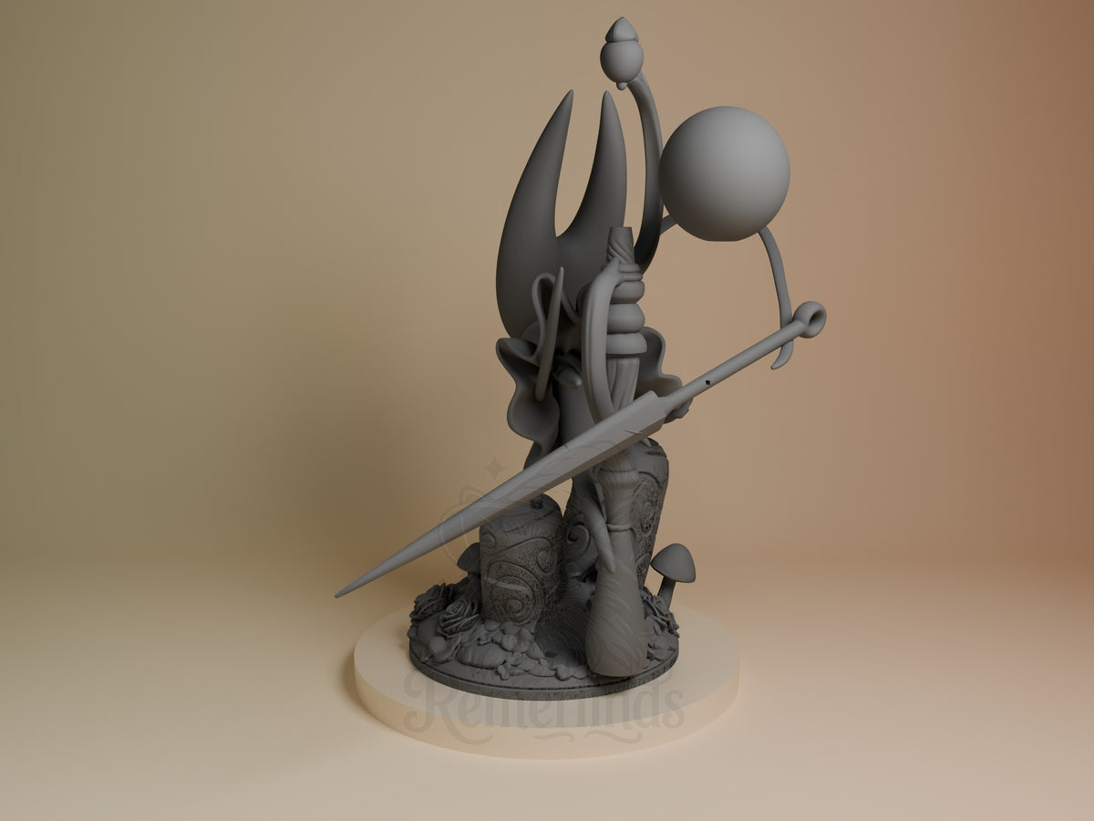 Hornet resin figure from Hollow Knight shown from left angle, wielding needle sword and holding sphere, unpainted gray finish on decorative base.