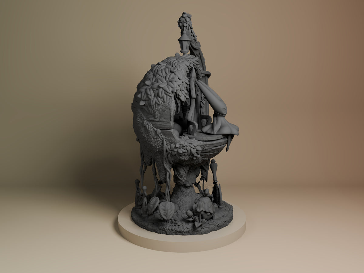 Hornet from Hollow Knight is shown from the right as an unpainted resin figure with cloak and lantern on a sculpted base.