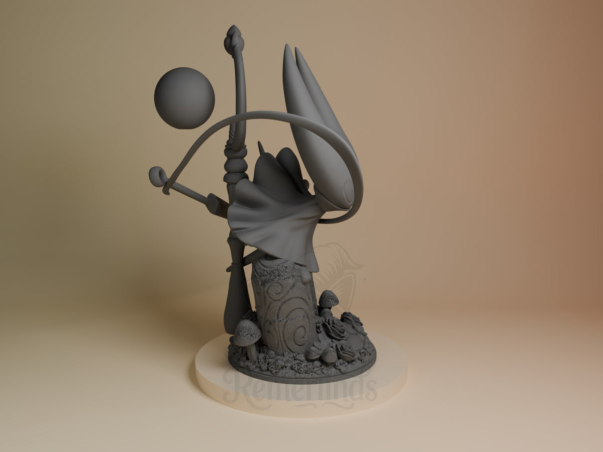 Hornet resin figure from Hollow Knight shown from the right side, unpainted gray, wielding needle and thread with flowing cape, decorative base with mushrooms.
