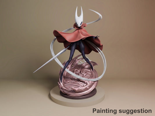 Hornet resin figure from Hollow Knight posed dynamically on ornate base, white mask and pale tendrils contrasting dark body and coral cape, painted example.