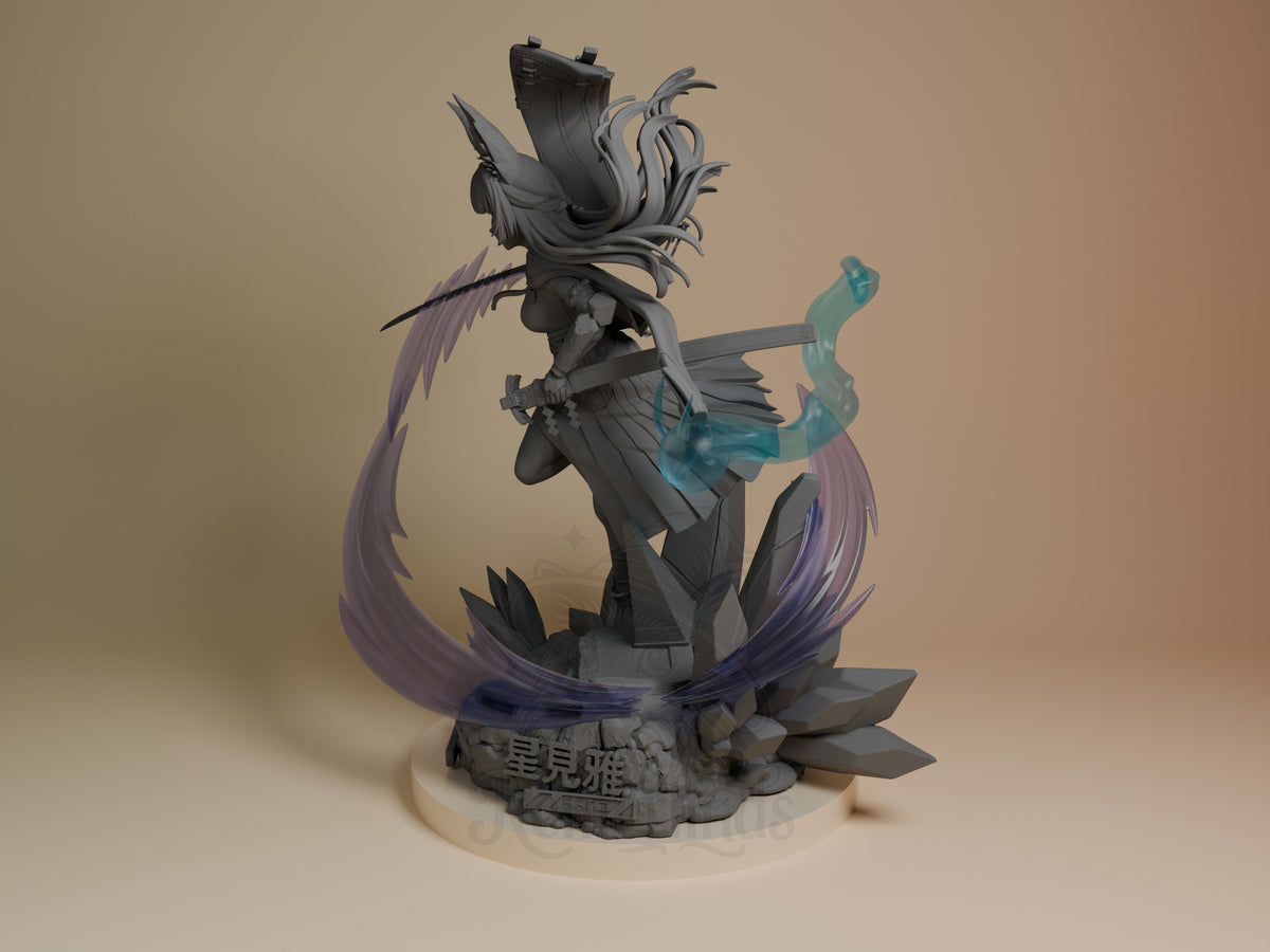 Hoshimi Miyabi resin figure from Zenless Zone Zero is shown unpainted from a rear angle on a sculpted base.