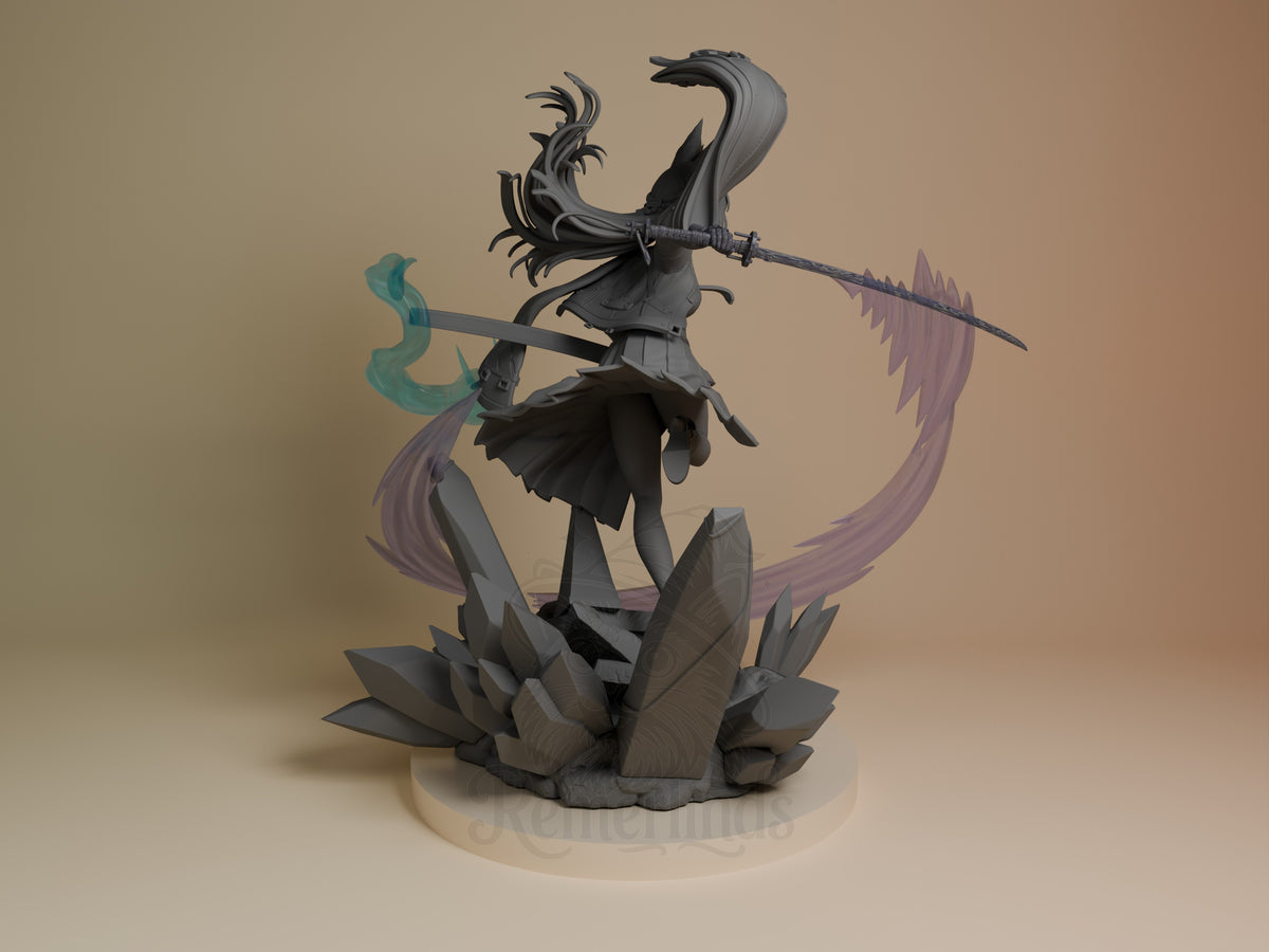 Hoshimi Miyabi from Zenless Zone Zero stands with swords on a sculpted base as an unpainted resin figure.