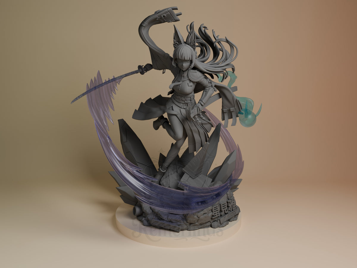 Hoshimi Miyabi from Zenless Zone Zero is a front-facing unpainted resin figure with sword and sculpted base.