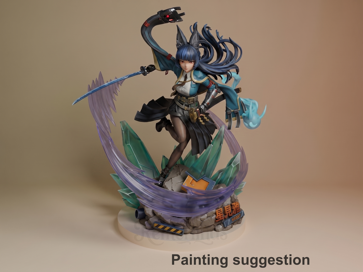 Painted Hoshimi Miyabi resin figure from Zenless Zone Zero poses with a sword on a crystal base.