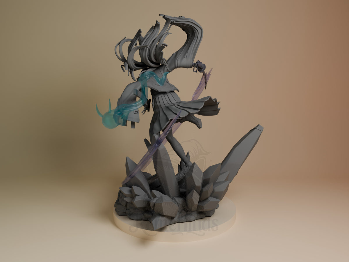 Left-angle view of Hoshimi Miyabi from Zenless Zone Zero, an unpainted resin figure on rocks.