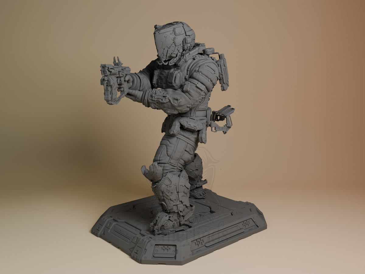 Hugh from Pragmata resin figure shown from angled side view, unpainted gray, dynamic pose wielding dual weapons, detailed armor and base.
