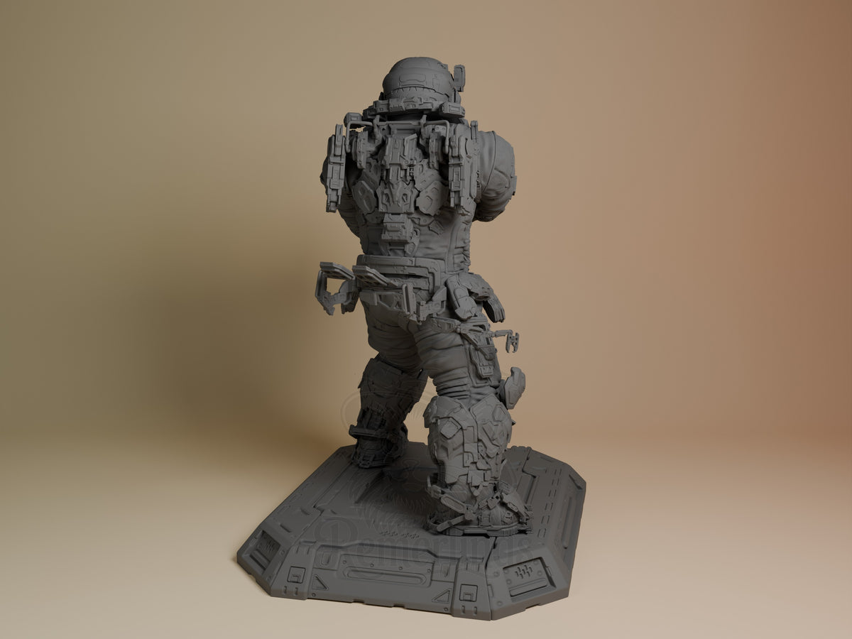 Hugh from Pragmata resin figure shown from back, unpainted gray, detailed armor and equipment on futuristic base.