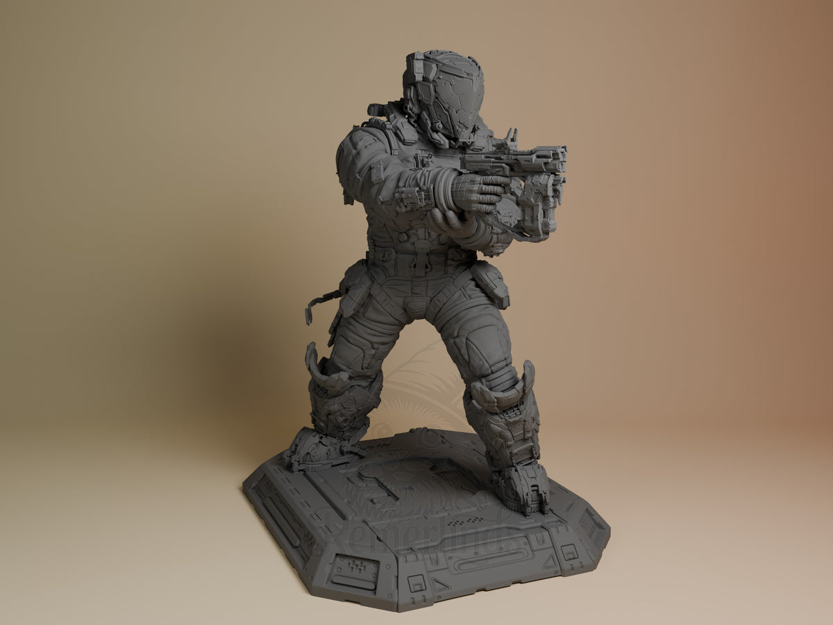 Hugh from Pragmata resin figure in dynamic firing pose, unpainted gray, detailed armor and weapon, futuristic base, front three-quarter view.
