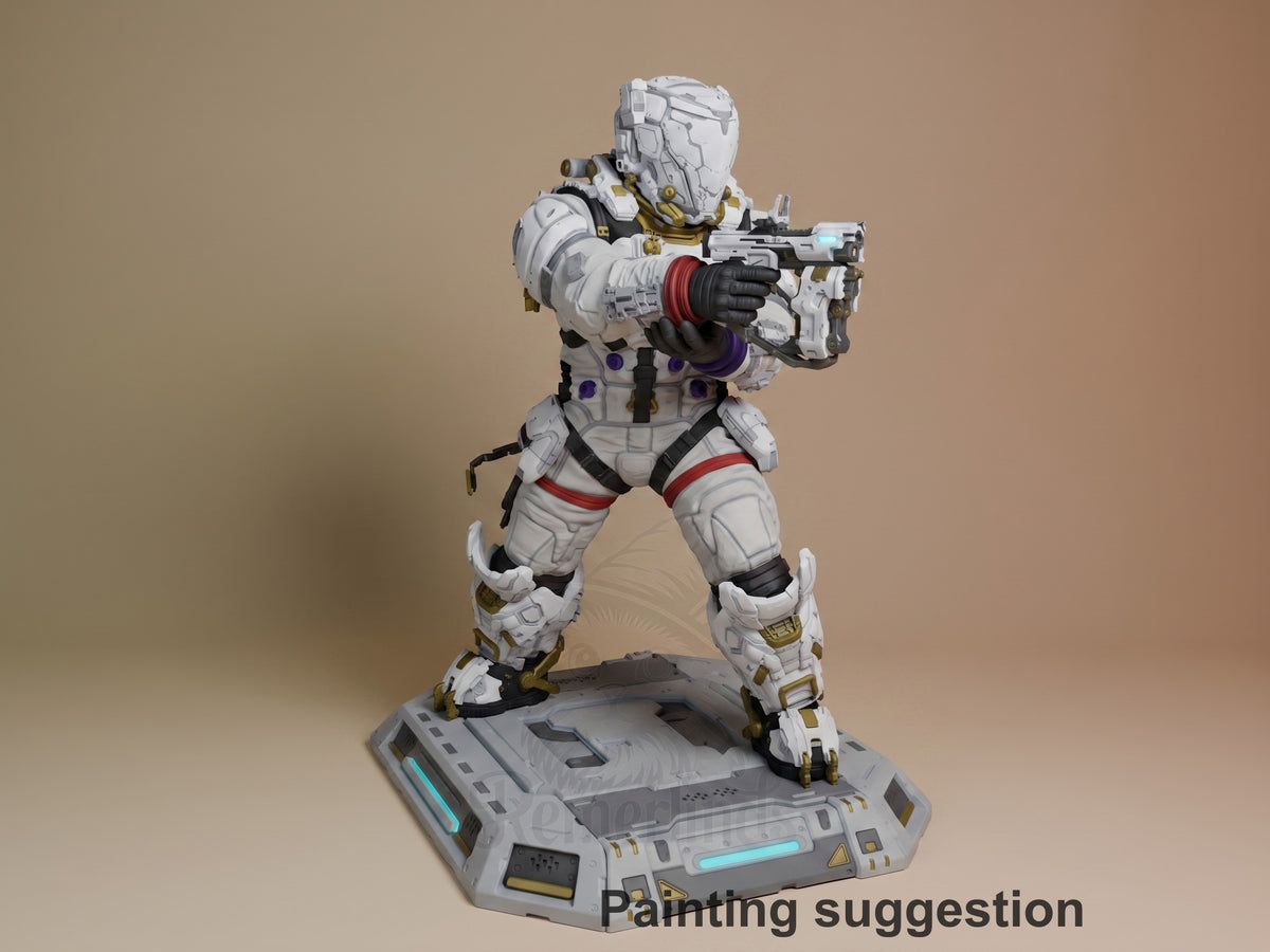 Hugh from Pragmata resin figure in white and gold armor, aiming futuristic rifle, dynamic pose on sci-fi base, painted with purple and red accents.