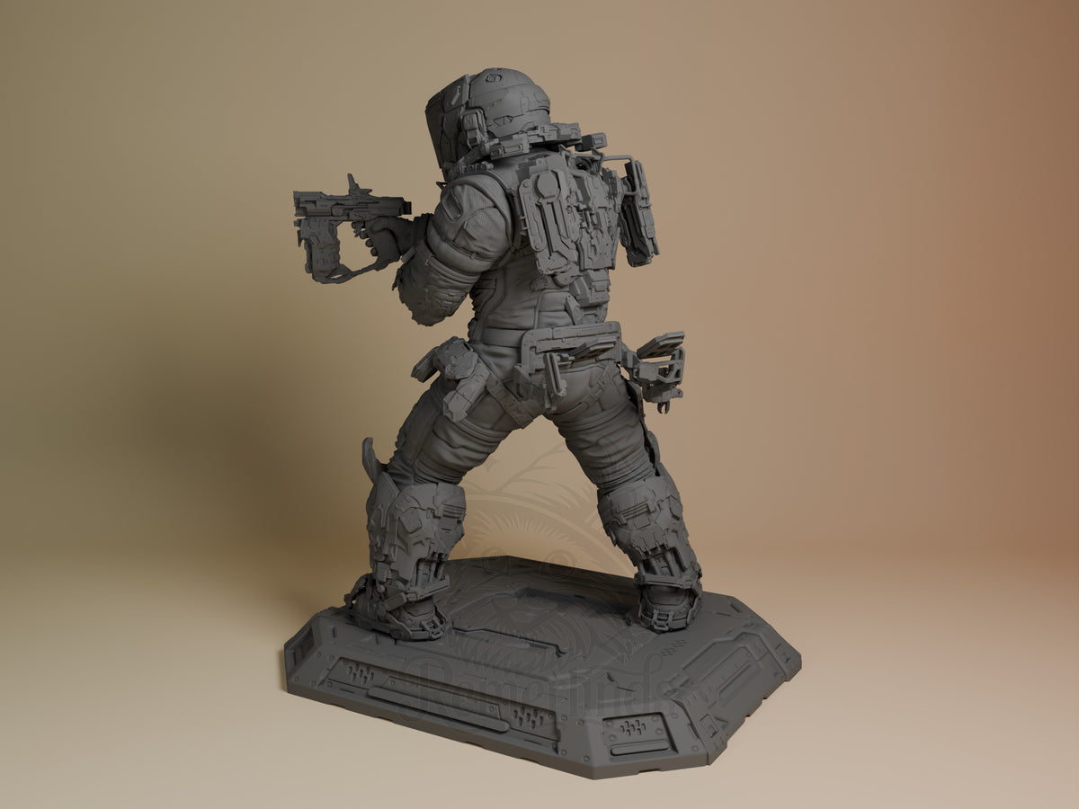 Hugh from Pragmata resin figure in dynamic firing pose, unpainted gray resin, heavily detailed tactical gear and weapons, hexagonal base, left angle view.