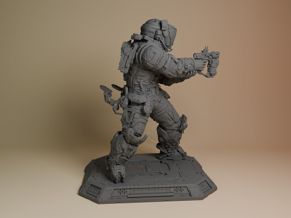 Hugh from Pragmata resin figure shown from the right side in dynamic pose, dual-wielding weapons, unpainted gray finish on geometric base.