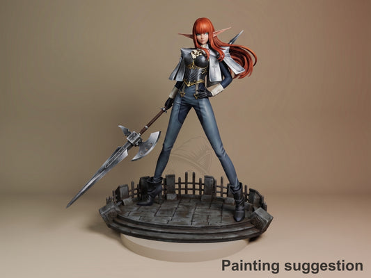 Hulkenberg resin figure from Metaphor: ReFantazio in dynamic pose with axe, painted in navy armor with red hair, standing on detailed base.