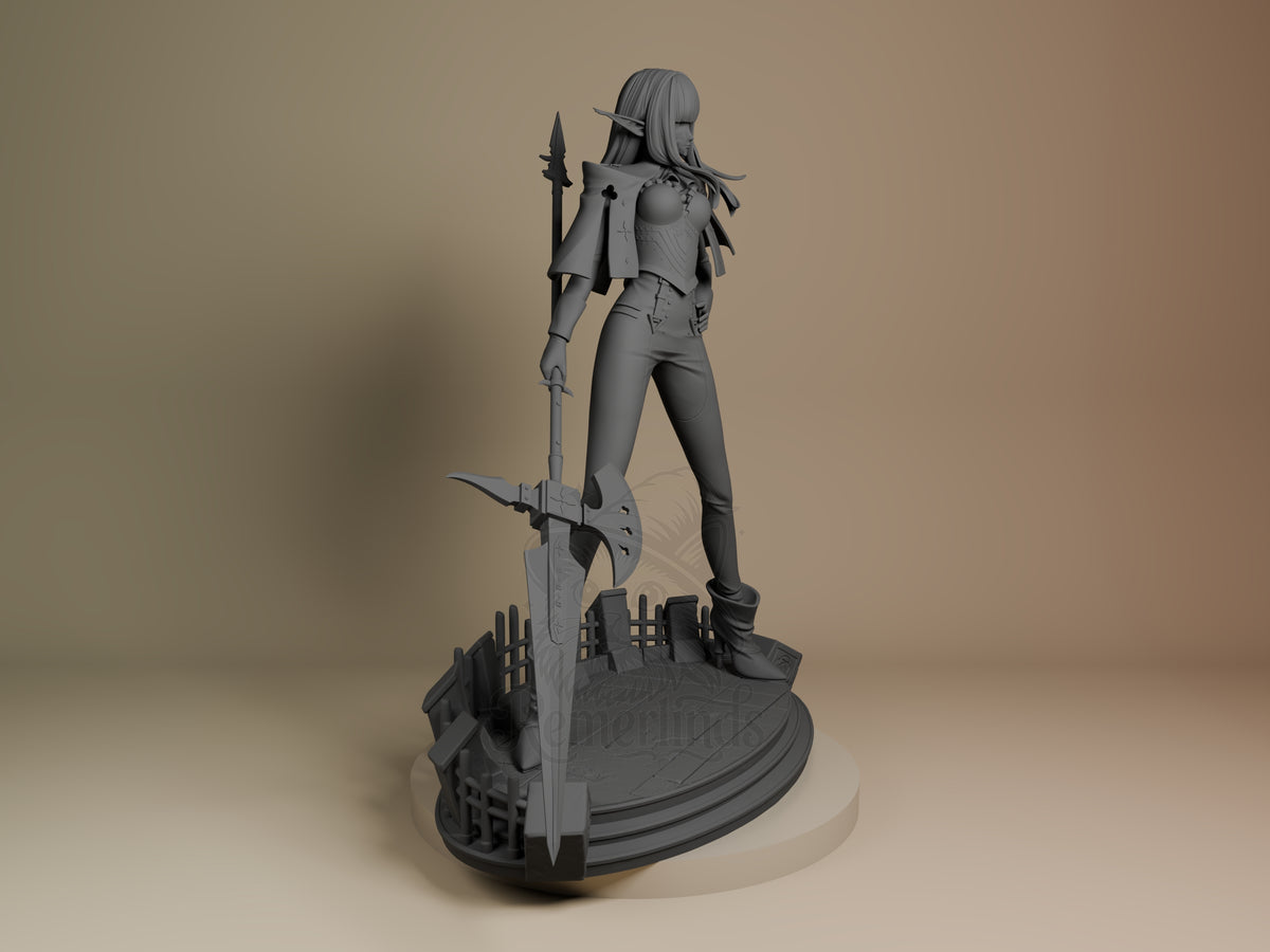 Right-side view shows unpainted Hulkenberg from Metaphor: ReFantazio resin figure with weapons on a sculpted base.