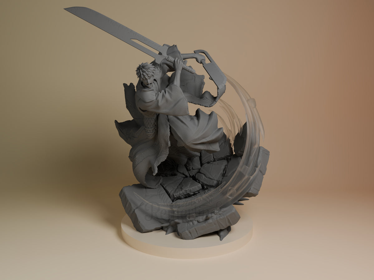 Soul Reaper Hero Soul Reaper Saga 3D printed resin figure by Nomnom, unpainted front view. The figure depicts a dynamic fighting stance of the Soul Reaper Hero, with arms raised high gripping a large, uniquely shaped sword ready to strike. The detailed sculpt includes flowing, tattered cloak and textured clothing, set on a cracked rocky base with swirling energy effects framing the character, conveying intense motion and power.