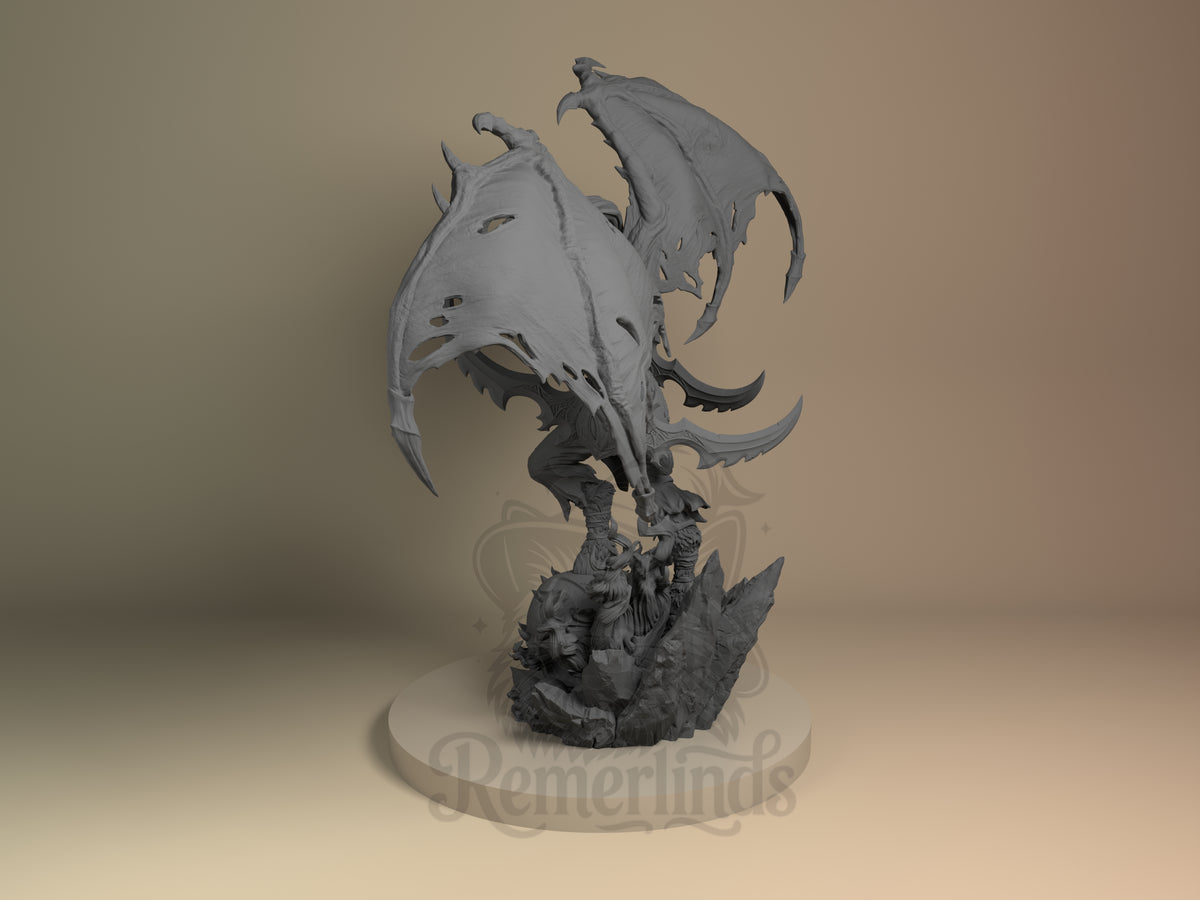 Demon Hunter World of War Realms 3D printed resin figure by Nomnom, angled view showing dimensional details.