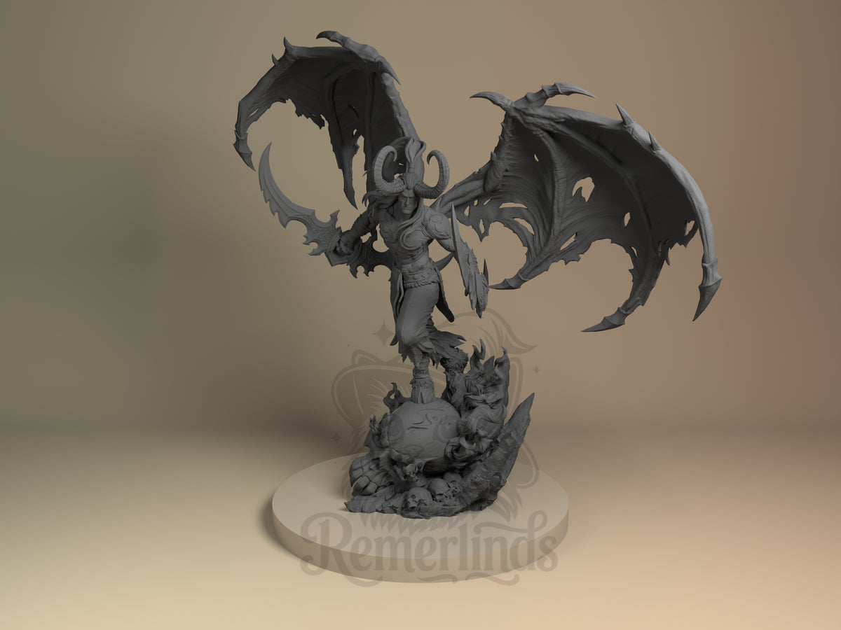 Front view of unpainted Illidan Stormrage from World of Warcraft, a resin figure with wings, blades, and sculpted base.