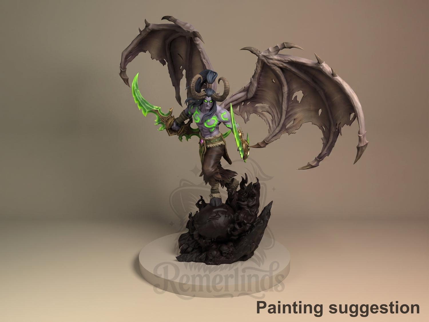 Demon Hunter World of War Realms 3D printed resin figure by Nomnom, colored view.