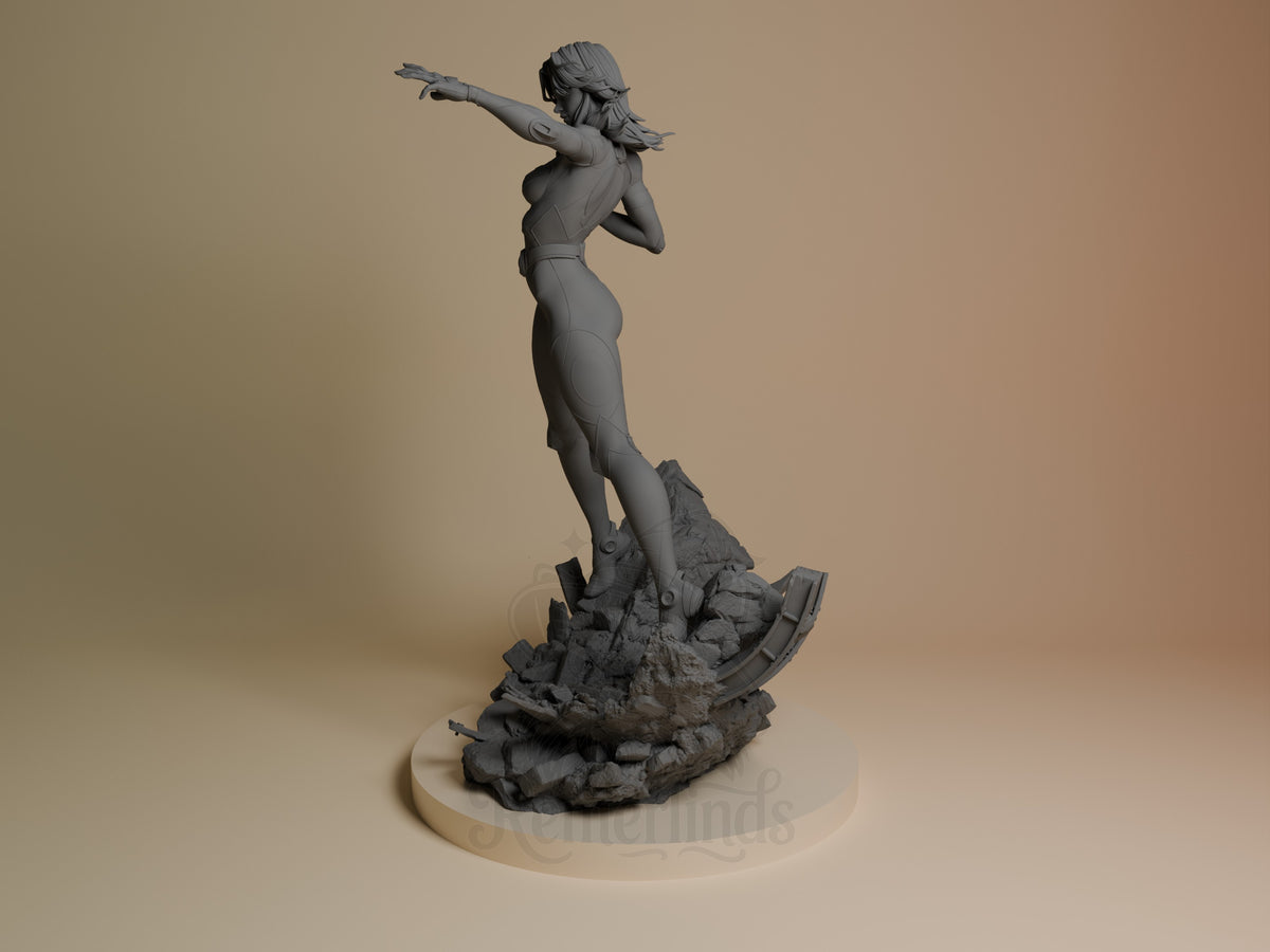 Veil Vanguard resin figure from Quantum Quartet in dynamic flying pose on rocky base, side angle view, unpainted gray finish.