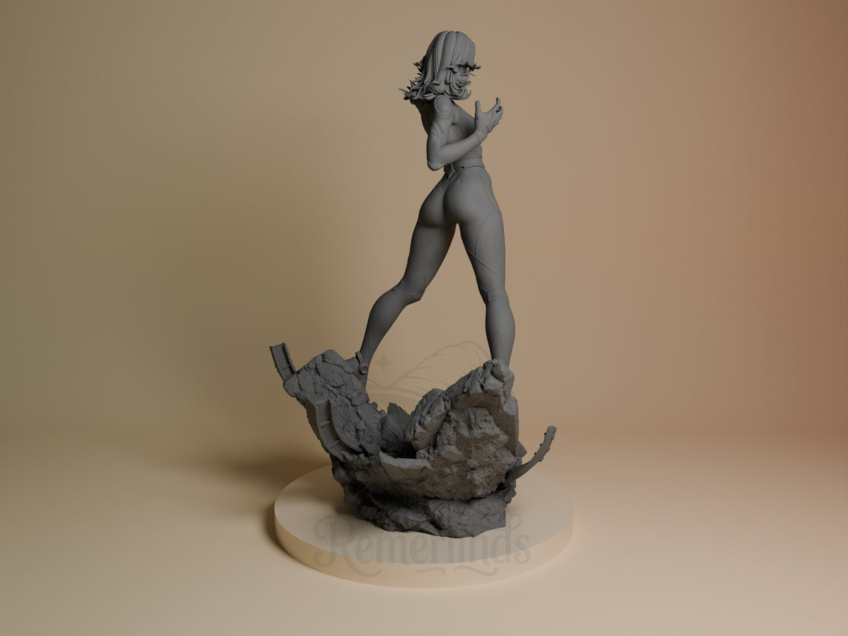 Veil Vanguard from Quantum Quartet resin figure shown from back, posed on rocky base, unpainted gray finish, detailed sculpting visible.