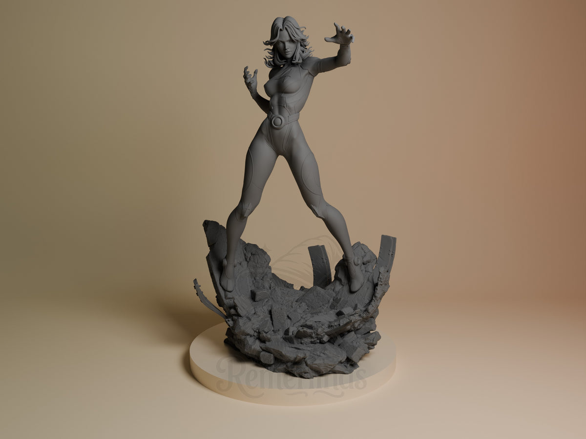 Veil Vanguard resin figure from Quantum Quartet, unpainted gray, posed dynamically on rocky base, front view angle.