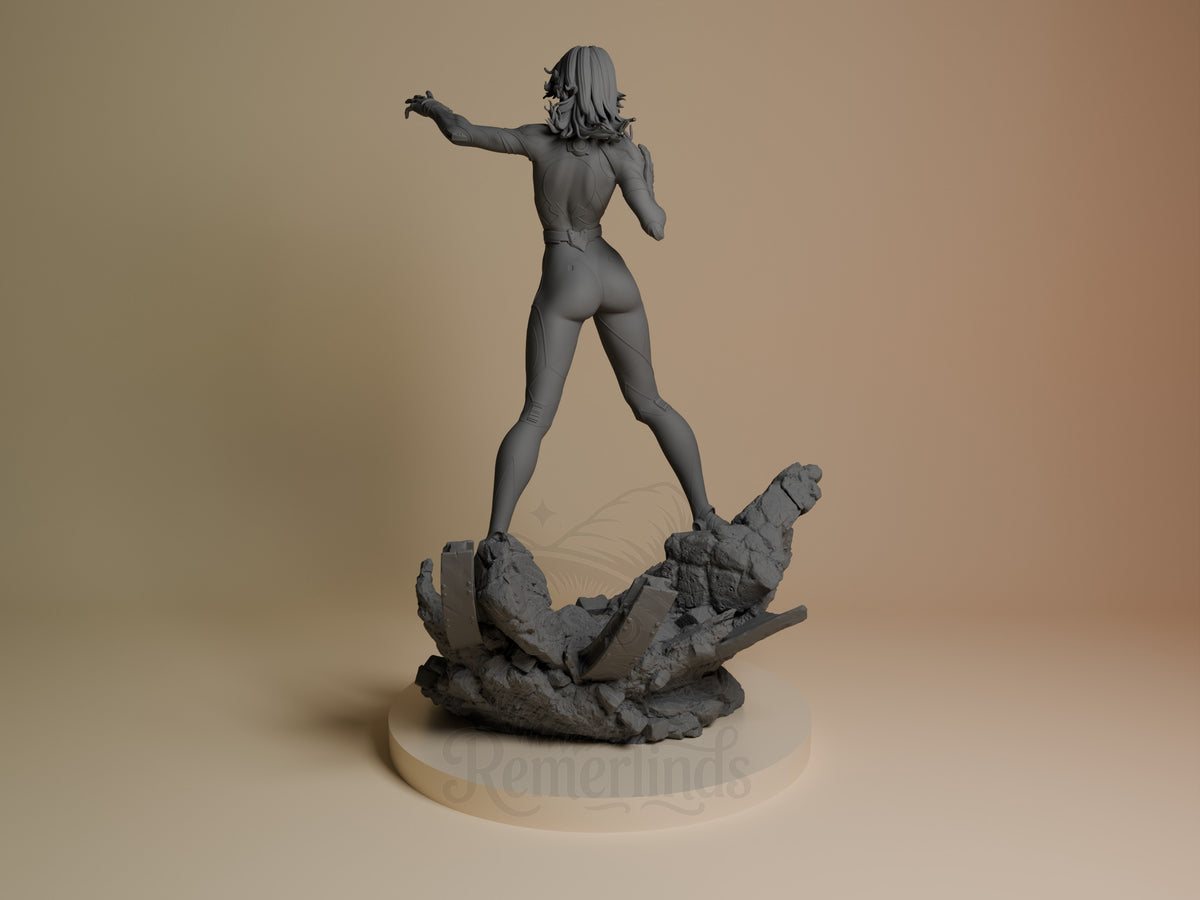Veil Vanguard from Quantum Quartet resin figure shown from rear left angle, standing on rocky base with dynamic pose and flowing hair detail.