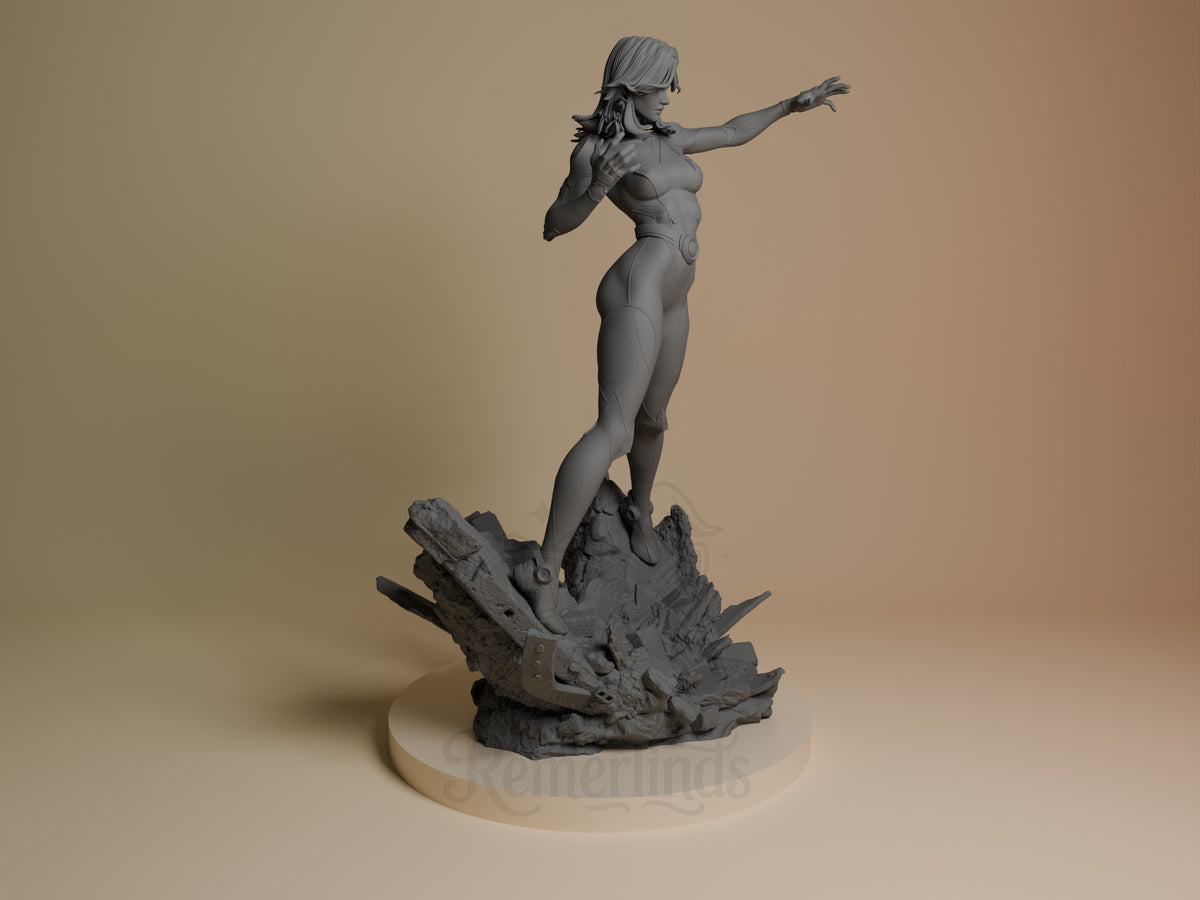 Veil Vanguard resin figure from Quantum Quartet in dynamic flying pose on rocky base, shown from right side angle, unpainted gray finish.