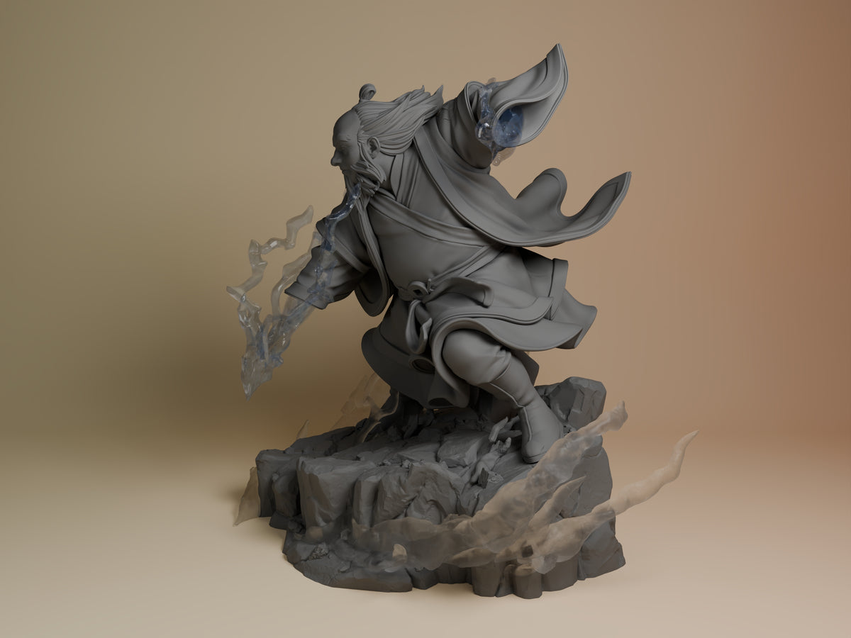 Tea Sage from Avatar: The Last Airbender is an unpainted resin figure in side angle, crouching on a rocky base.