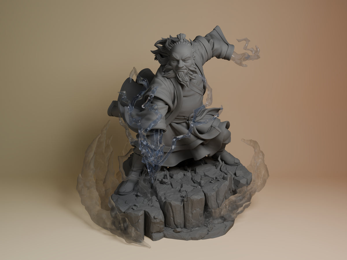 Front view of Tea Sage from Avatar: The Last Airbender, an unpainted resin figure crouching on a rocky sculpted base.